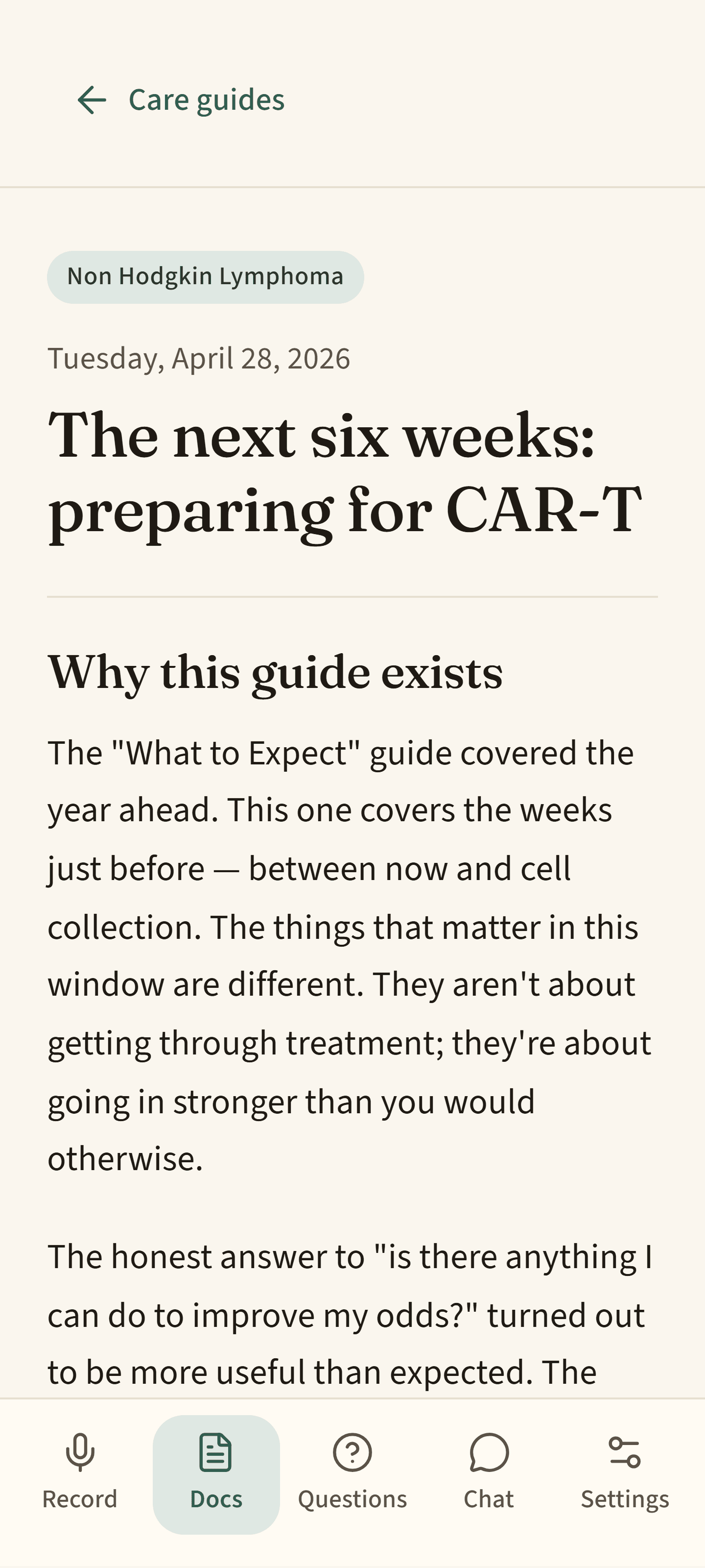 A care guide opened in PatientSide