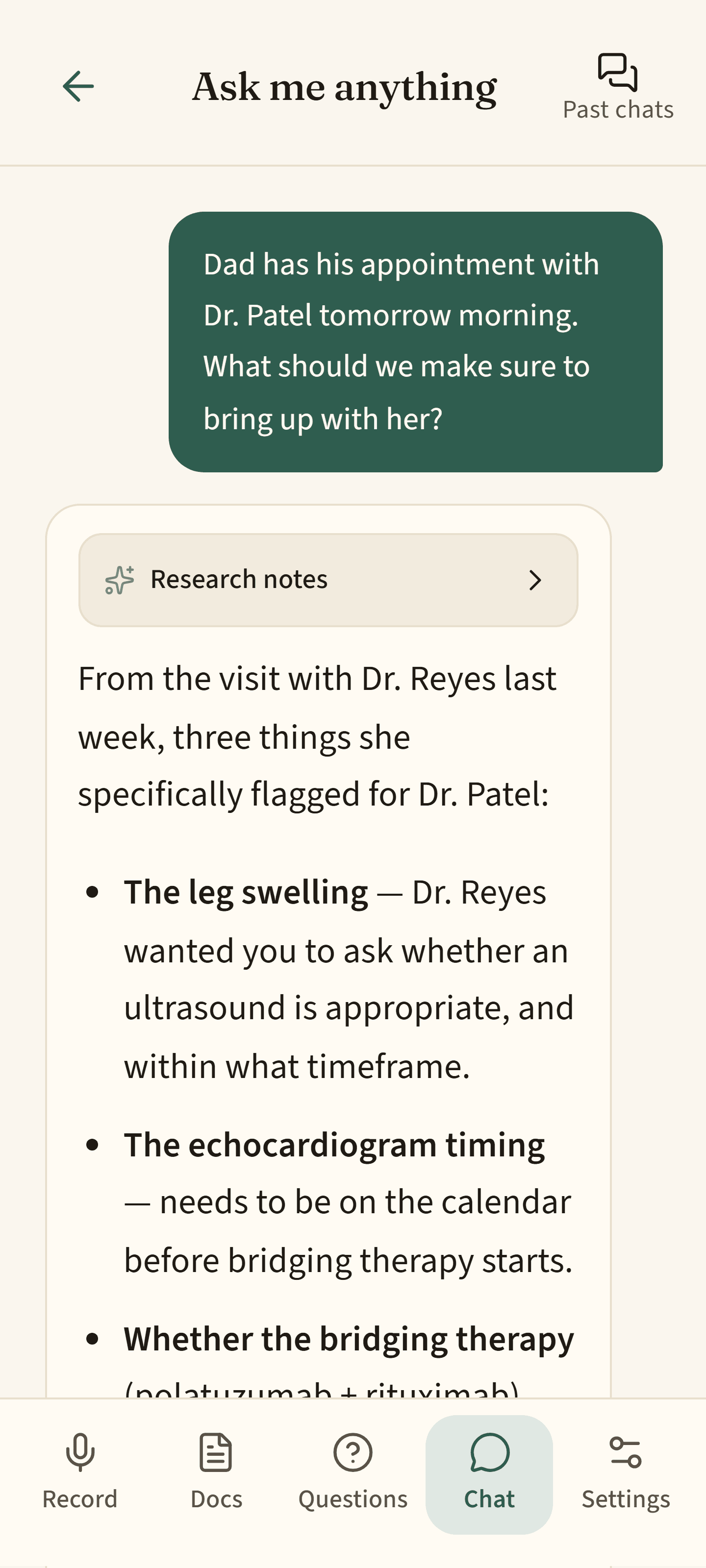 A conversational chat with PatientSide answering a follow-up question about treatment
