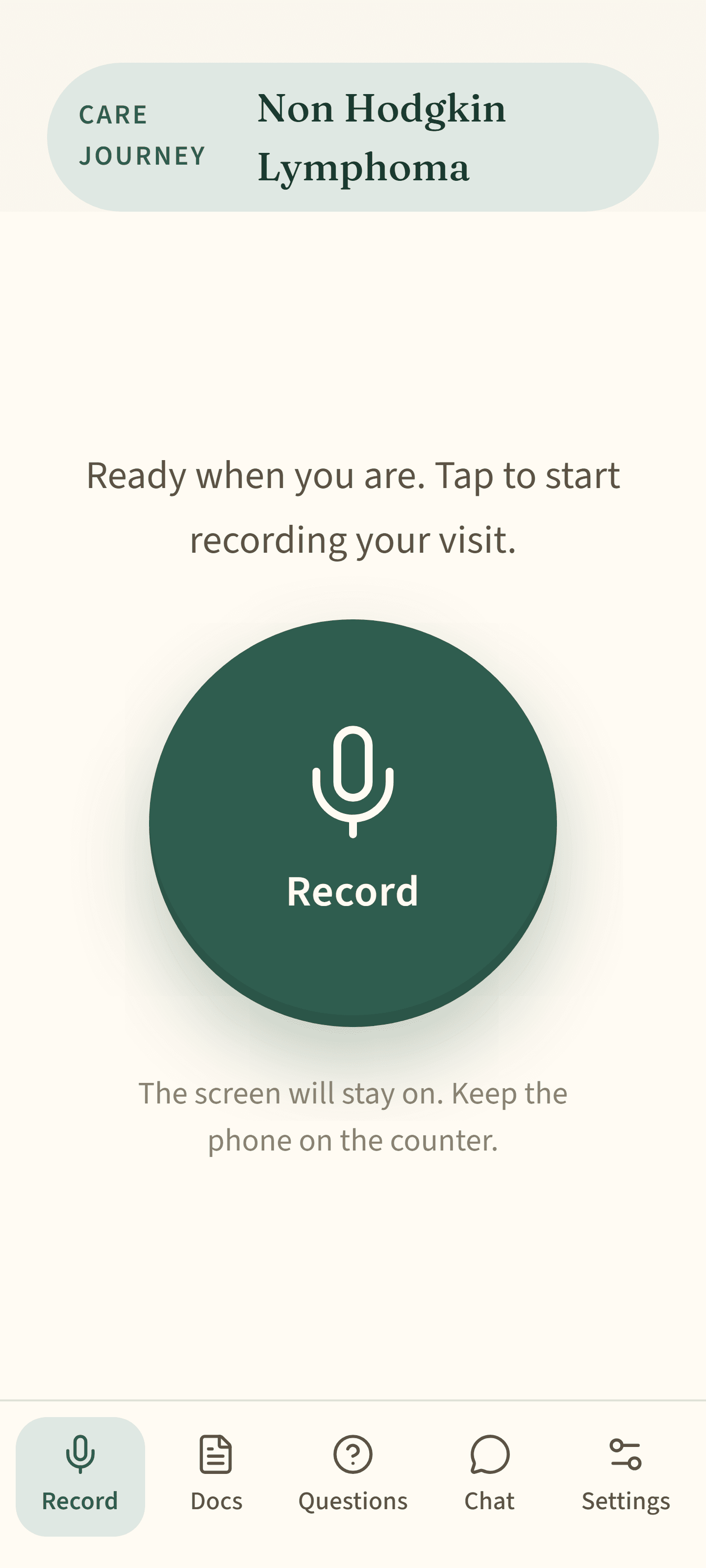 PatientSide home screen with a green Record button on warm ivory background
